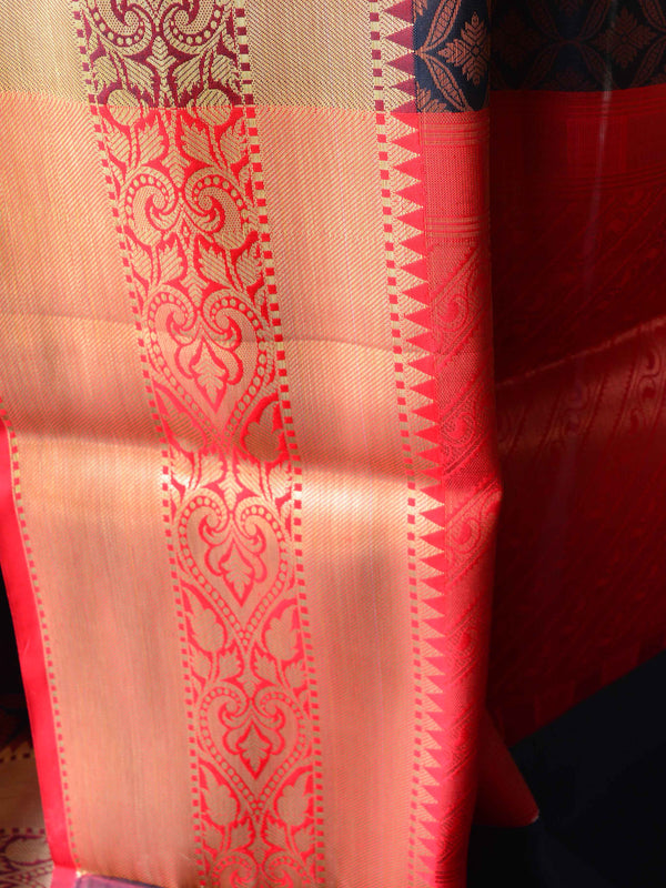 Banarasee Handwoven Semi Silk Saree With Copper Zari Jaal & Border-Brown