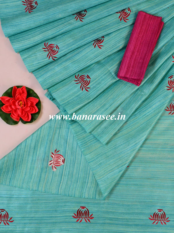 Bhagalpuri Handwoven Pure Tussar Silk Embroidered Sari-Sea Green & Pink