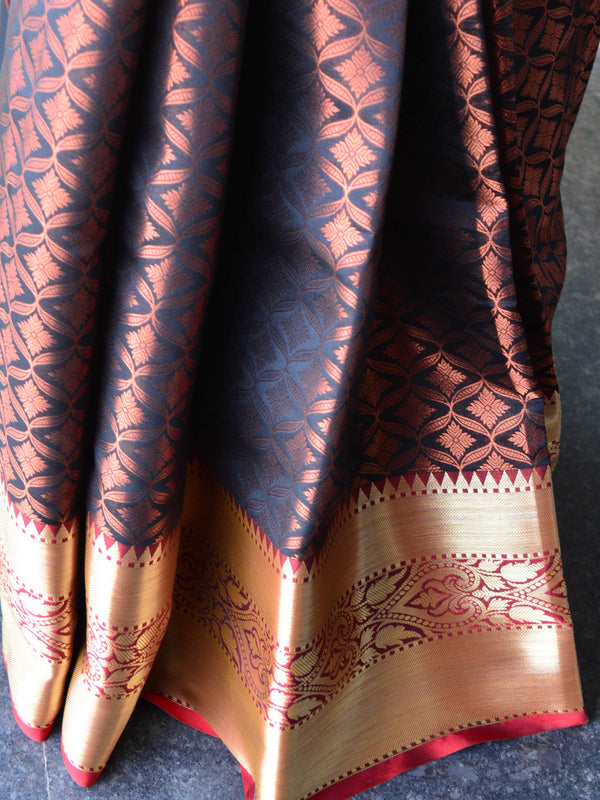 Banarasee Handwoven Semi Silk Saree With Copper Zari Jaal & Border-Brown