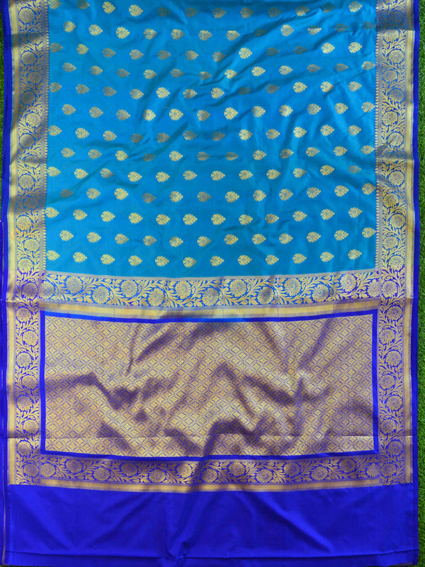 Banarasee Handwoven Semi Silk Saree With Zari Buta Design & Floral Border-Blue