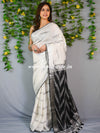 Banarasee Linen Cotton Ikkat Woven Saree-White