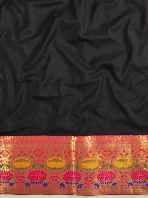 Banarasee Cotton Silk Salwar Kameez Fabric Paithani Border Design-Black & Pink