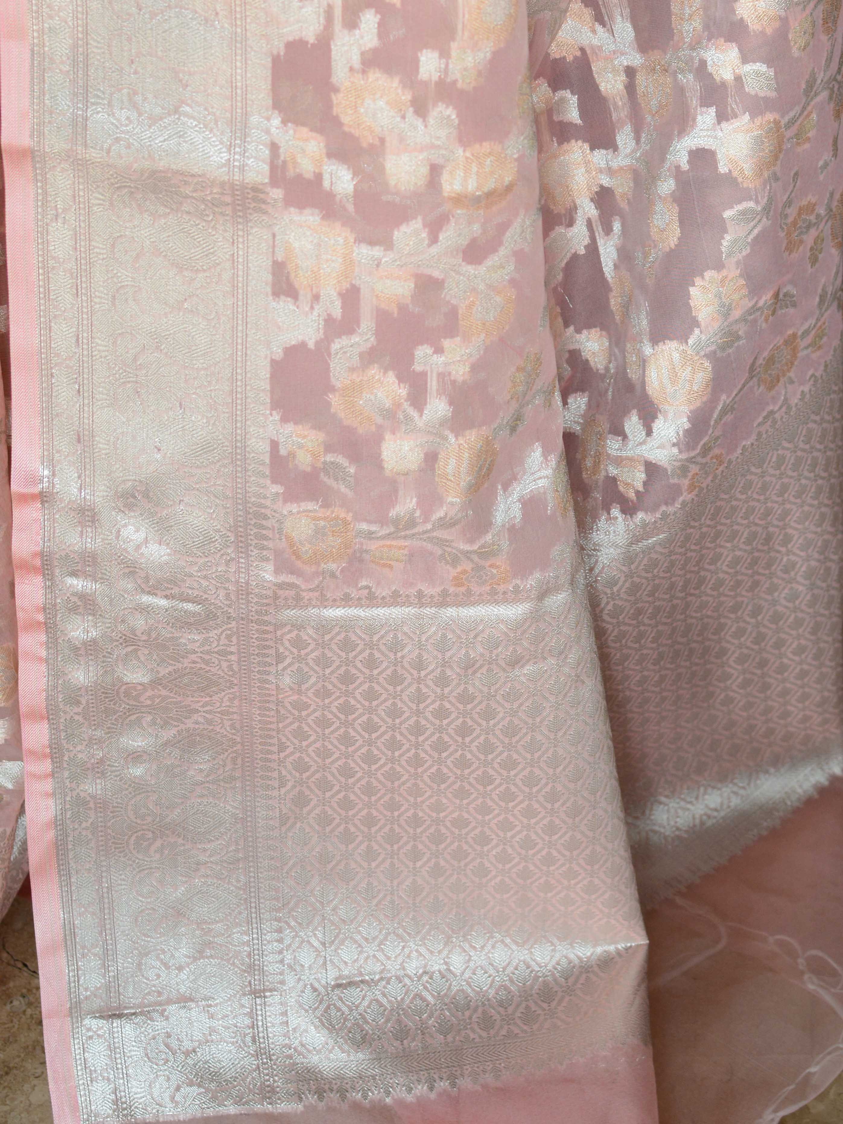 Banarasee Organza Mix Saree With Silver Zari-Peach