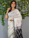 Banarasee Linen Cotton Ikkat Woven Saree-White