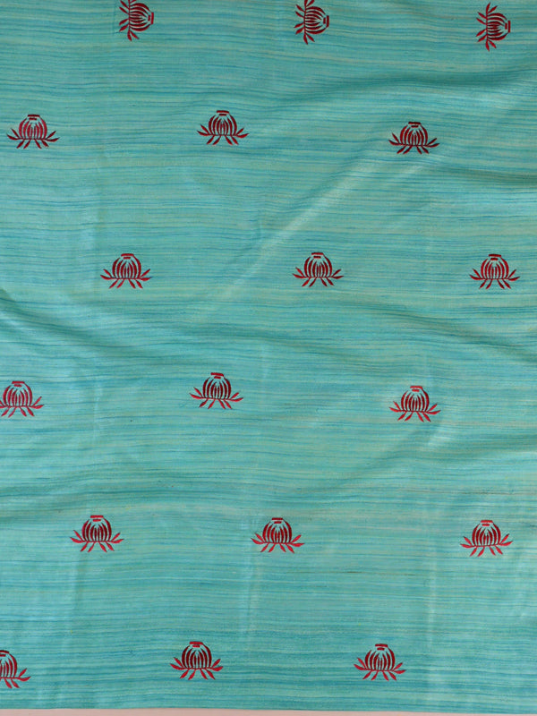 Bhagalpuri Handwoven Pure Tussar Silk Embroidered Sari-Sea Green & Pink