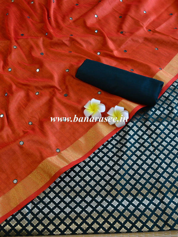 Banarasee Brocade Salwar Kameez Fabric With Mirror Work Dupatta-Green & Orange