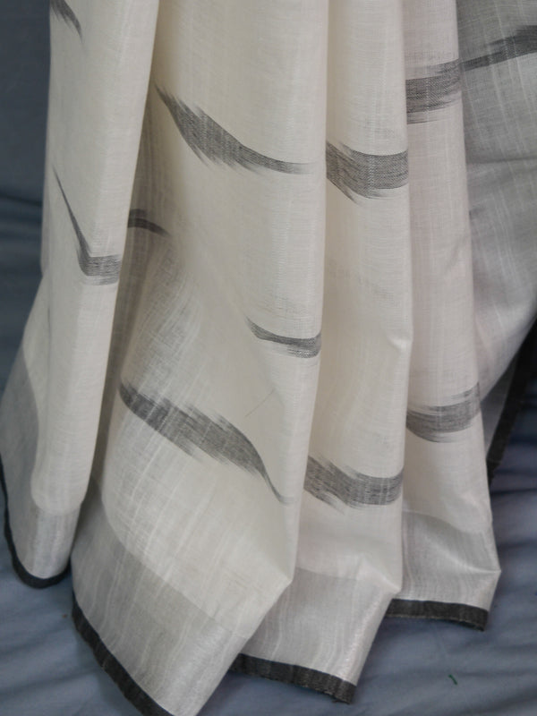 Banarasee Linen Cotton Ikkat Woven Saree-White