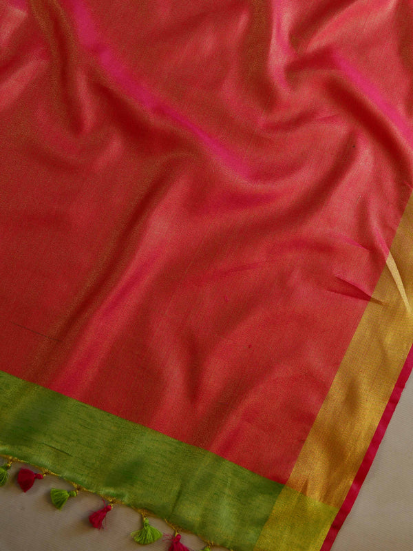 Banarasee Handloom Pure Linen By Tissue Metallic Shine Saree-Green & Red
