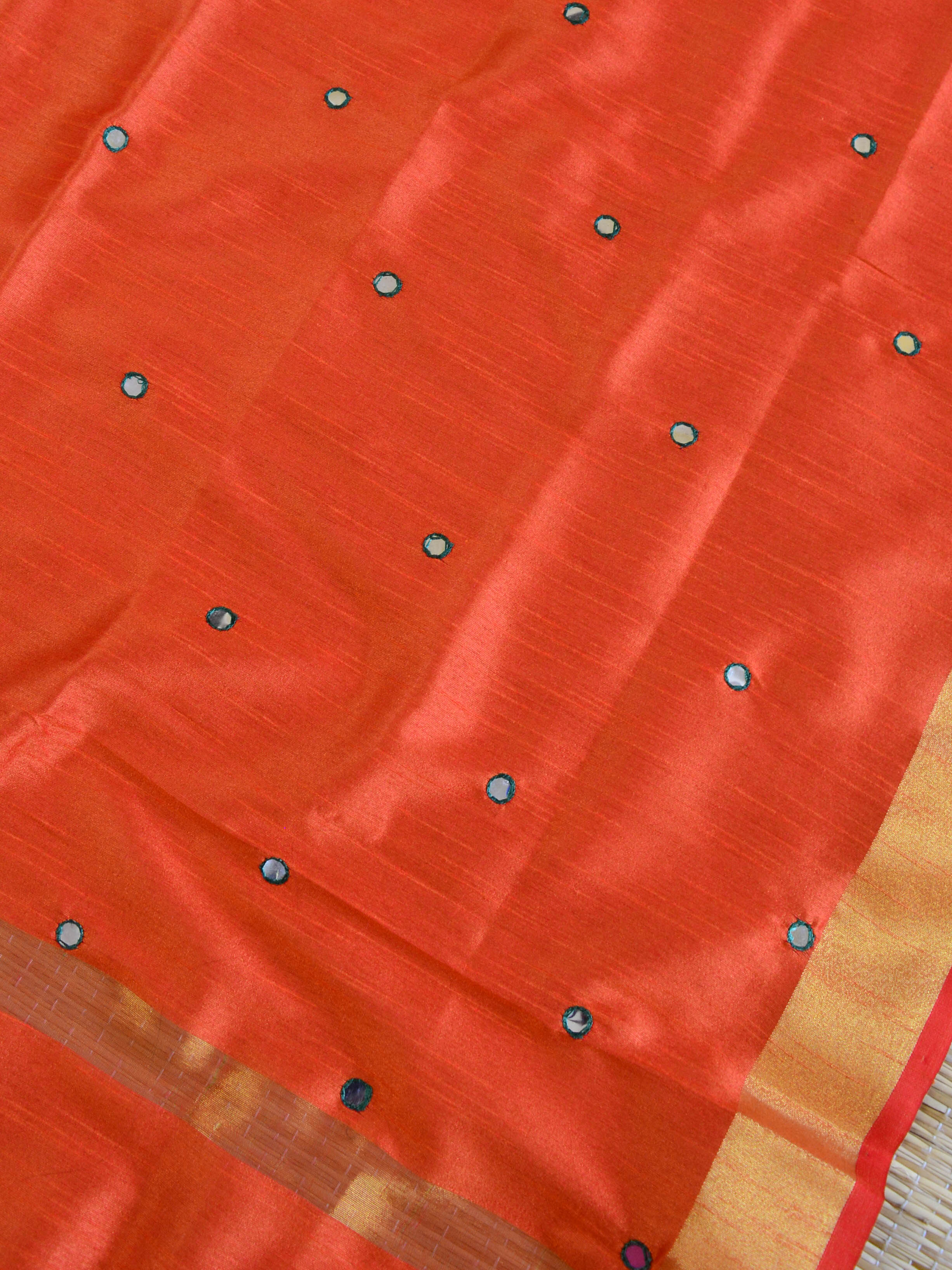Banarasee Brocade Salwar Kameez Fabric With Mirror Work Dupatta-Green & Orange