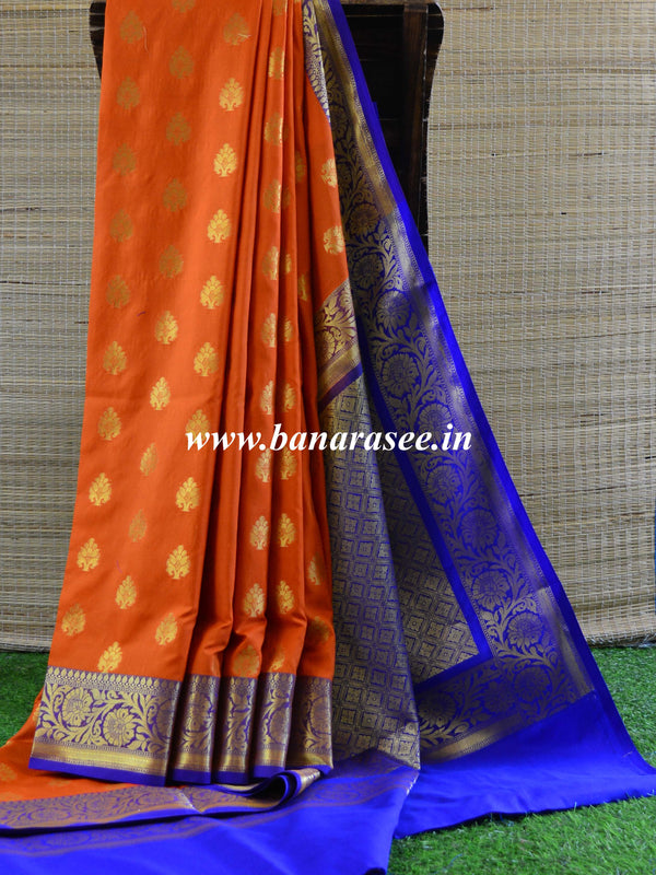 Banarasee Handwoven Semi Silk Saree With Zari Buta Design & Floral Border-Orange