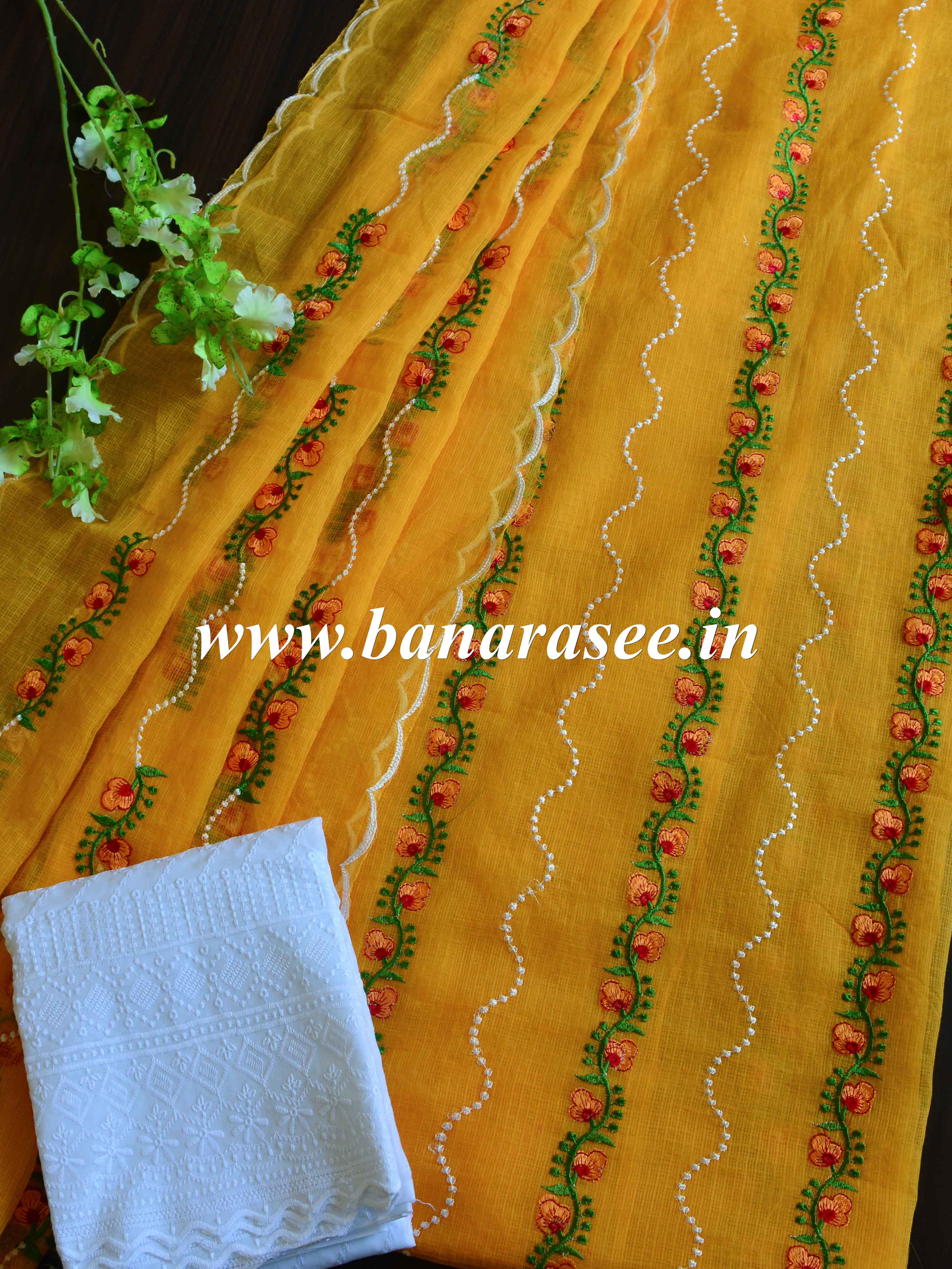 Banarasee Kota Doria Hand-Embroidered Salwar Kameez Dupatta Set-Yellow