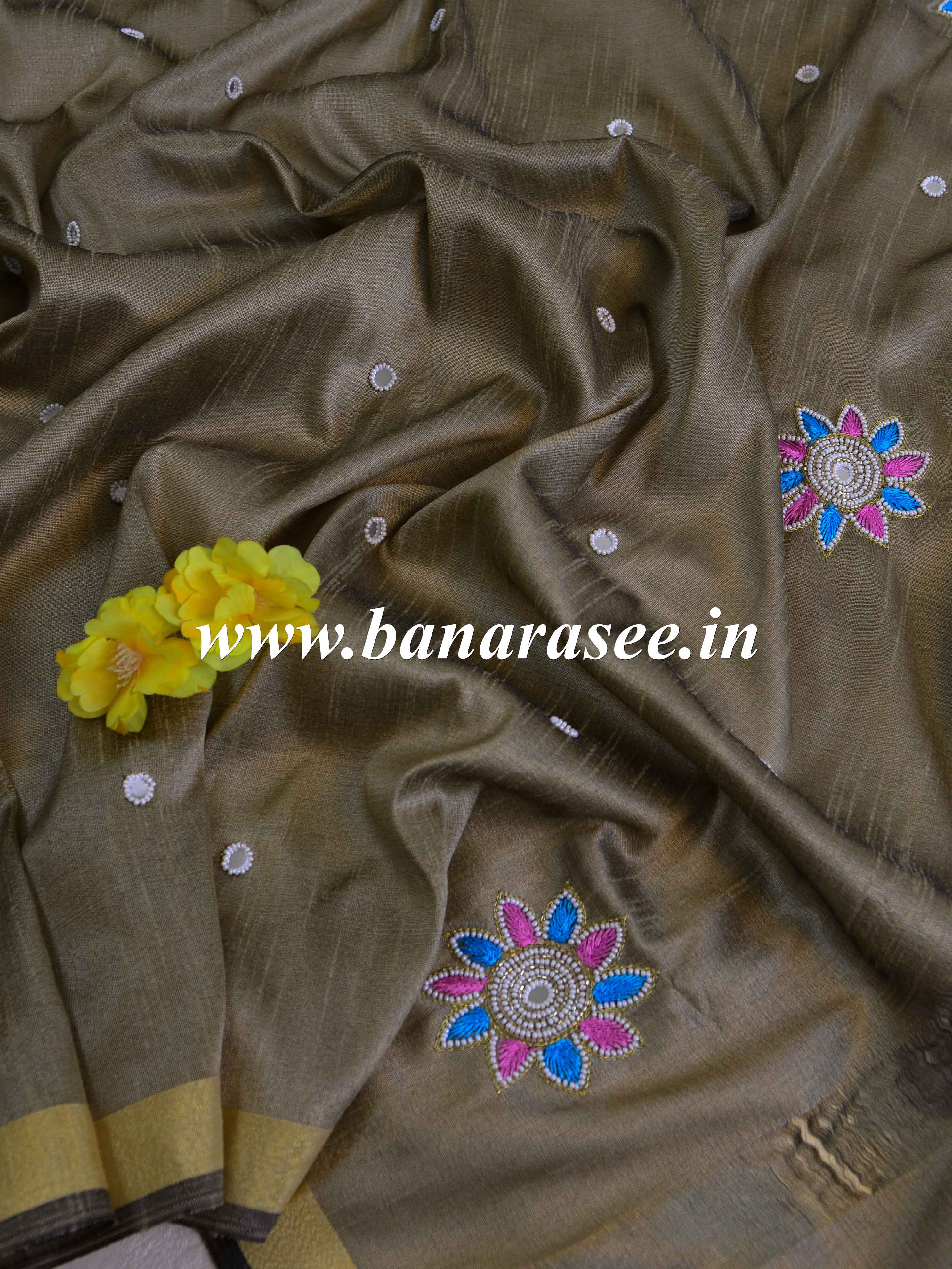 Banarasee Art Silk Dupatta With Mirror Work & Hand-Embroidered Motifs-Dull Gold