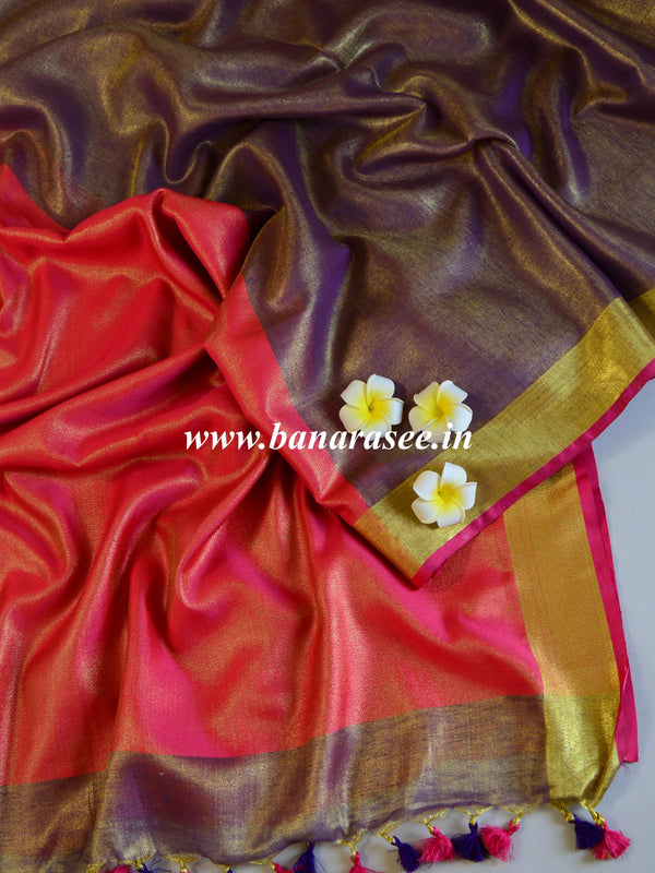 Banarasee Handloom Pure Linen By Tissue Metallic Shine Saree-Purple & Red