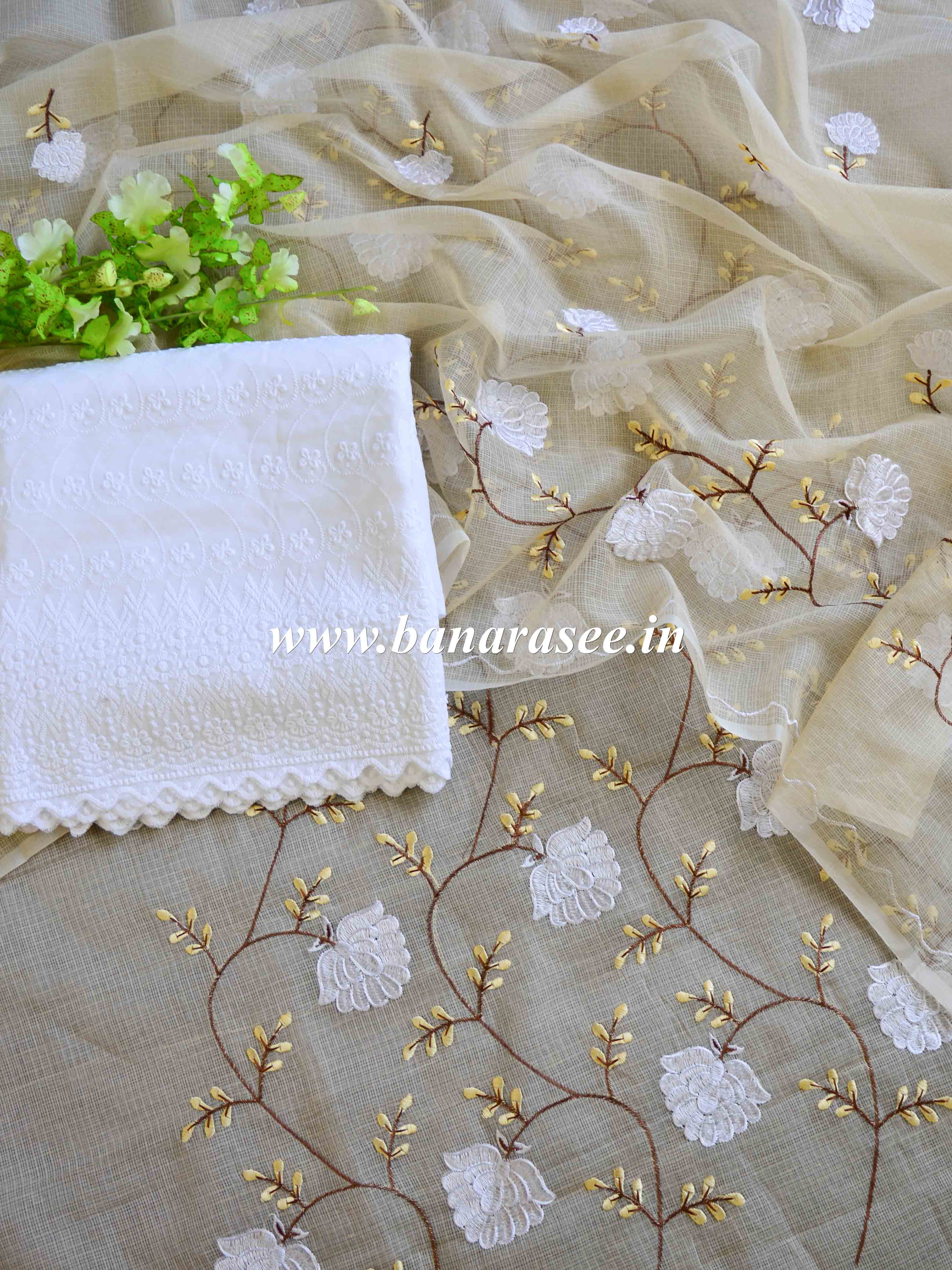 Banarase Kota Doria Heavy Hand-Embroidered Salwar Kameez Dupatta Set-Beige