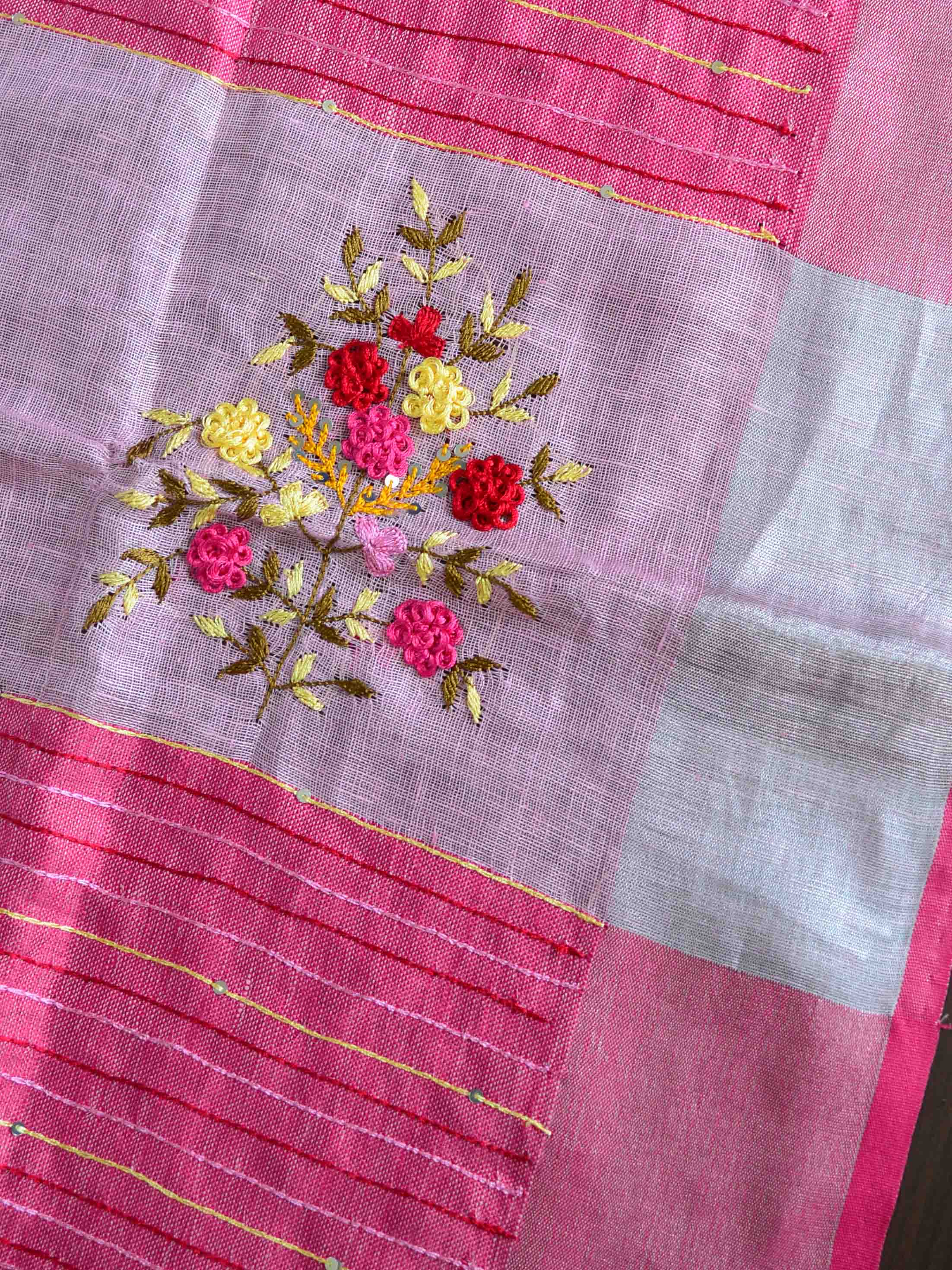 Banarasee Handloom Pure Linen Saree With Hand-Embroidery Work-Pink