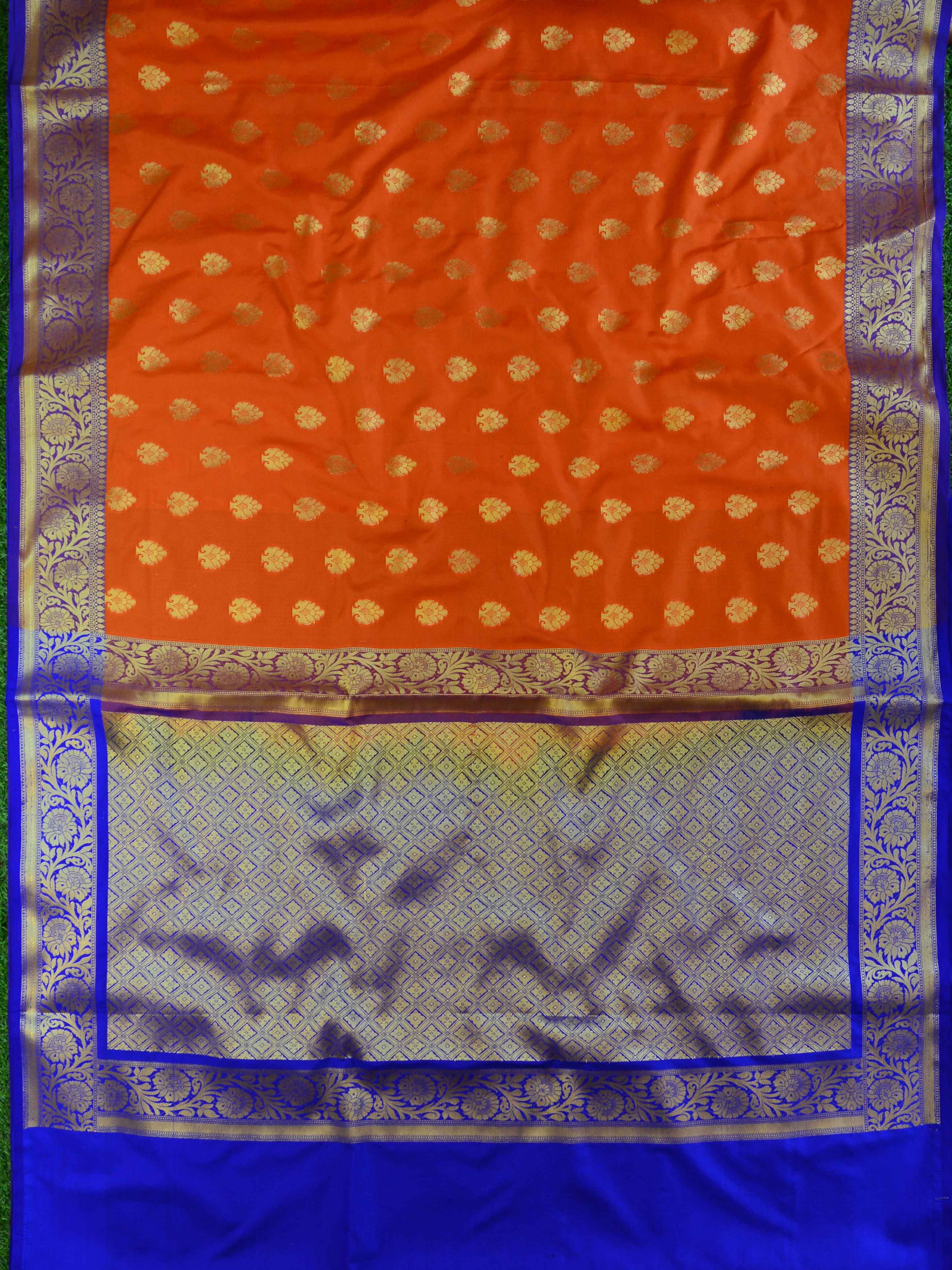 Banarasee Handwoven Semi Silk Saree With Zari Buta Design & Floral Border-Orange