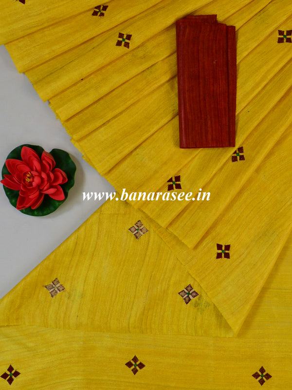 Bhagalpuri Handwoven Pure Tussar Silk Embroidered Sari-Yellow & Maroon