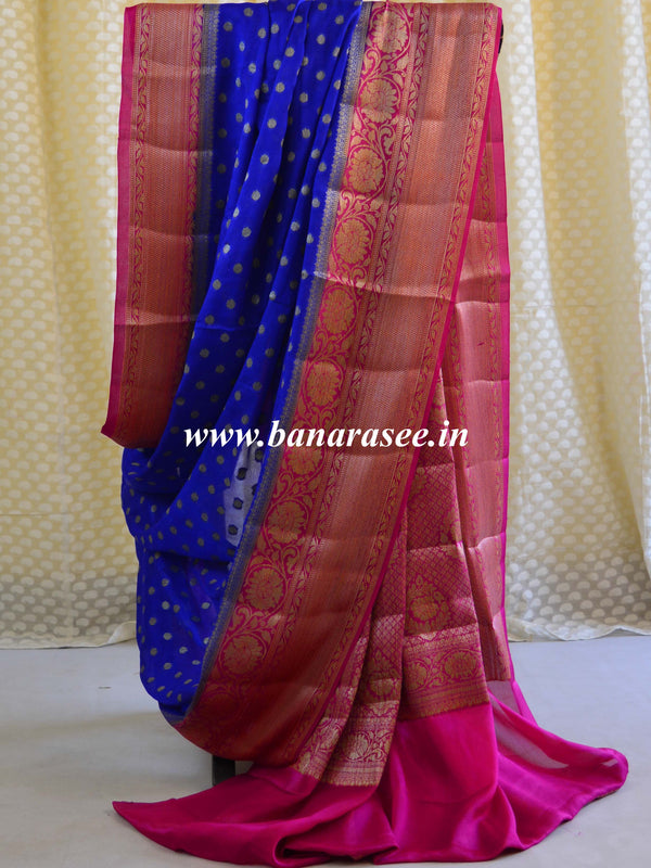 Banarasee Chiffon Floral Zari Buti & Border Saree-Blue & Pink