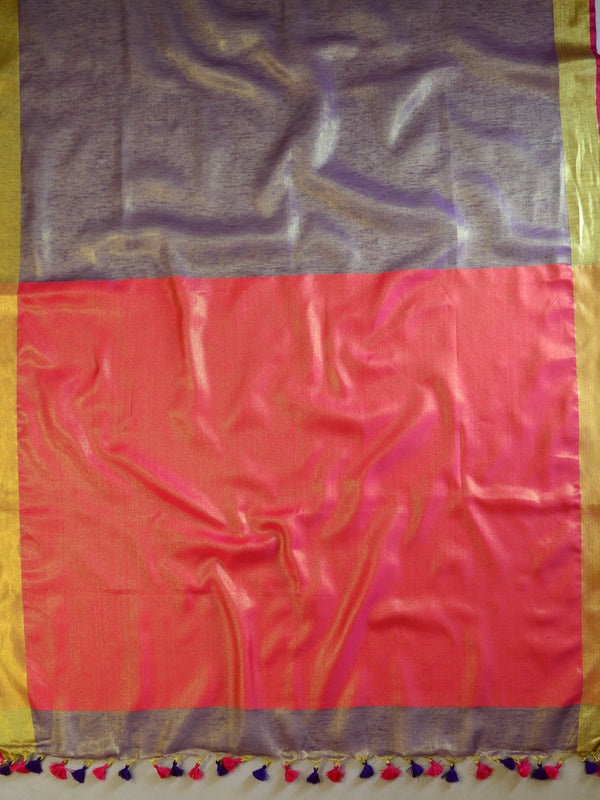 Banarasee Handloom Pure Linen By Tissue Metallic Shine Saree-Purple & Red