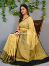 Banarasee Handwoven Semi-Chiffon Saree With Floral Border & Buta-Beige & Black