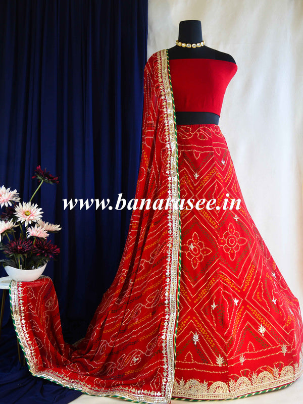 Banarasee Semi-Stitched Chunri Print Georgette Hand-Work Lehenga Blouse & Dupatta-Red