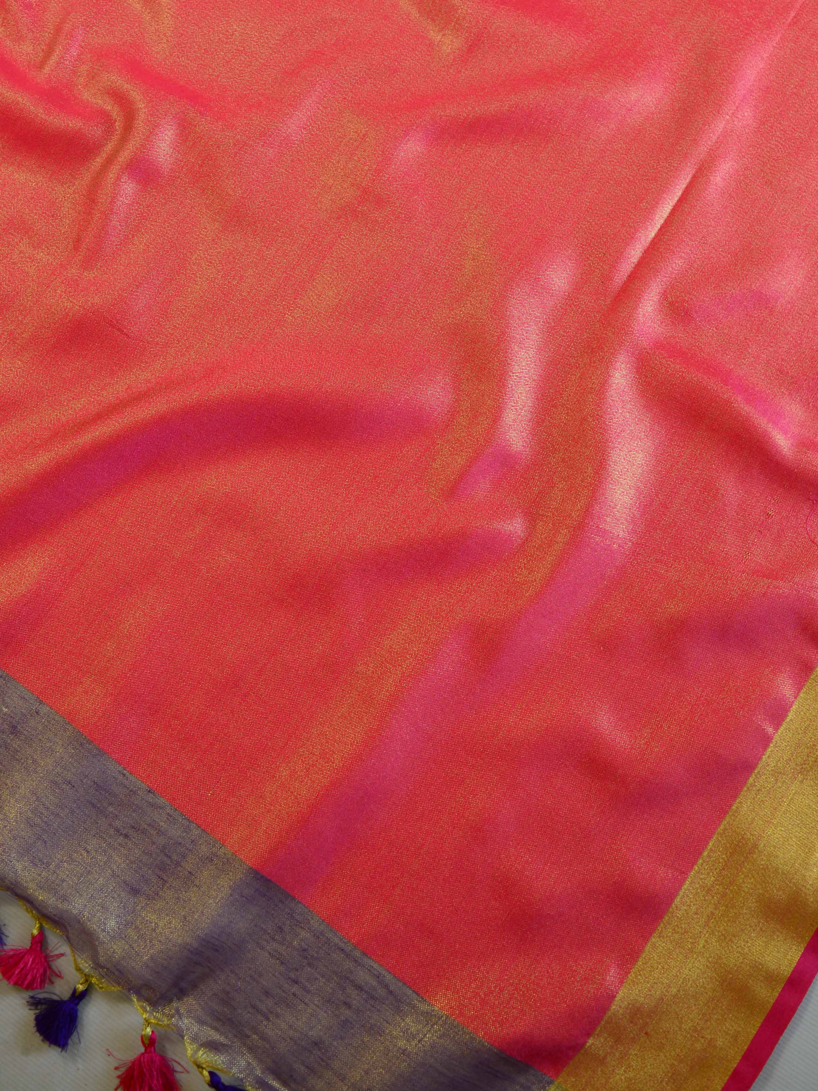 Banarasee Handloom Pure Linen By Tissue Metallic Shine Saree-Purple & Red