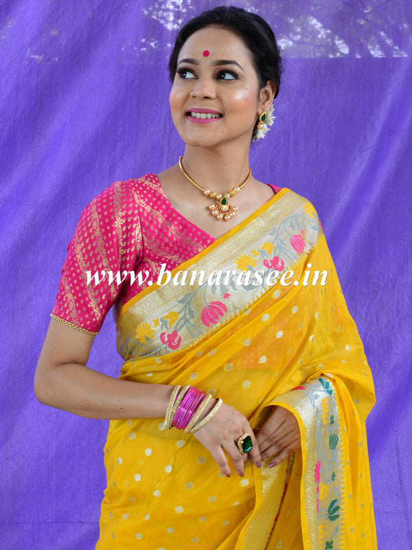 Banarasee Semi-Chiffon Saree With Silver Buti Design & Floral Meena Border-Yellow