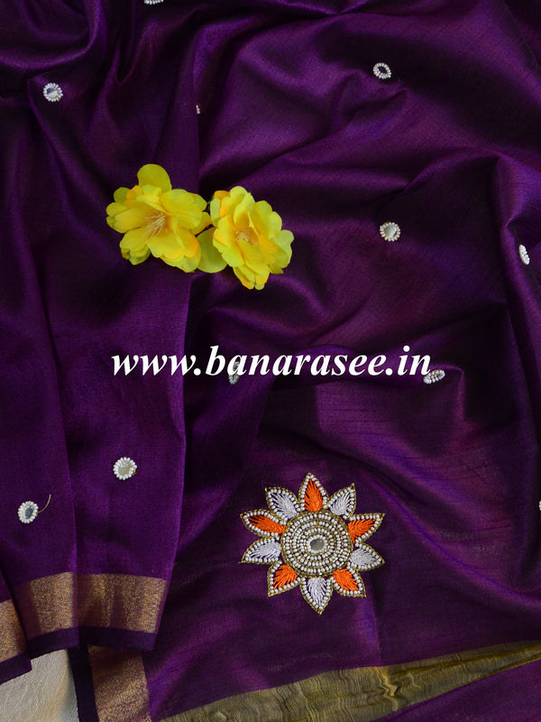 Banarasee Art Silk Dupatta With Mirror Work & Hand-Embroidered Motifs-Violet