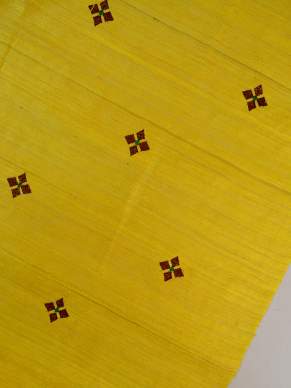Bhagalpuri Handwoven Pure Tussar Silk Embroidered Sari-Yellow & Maroon