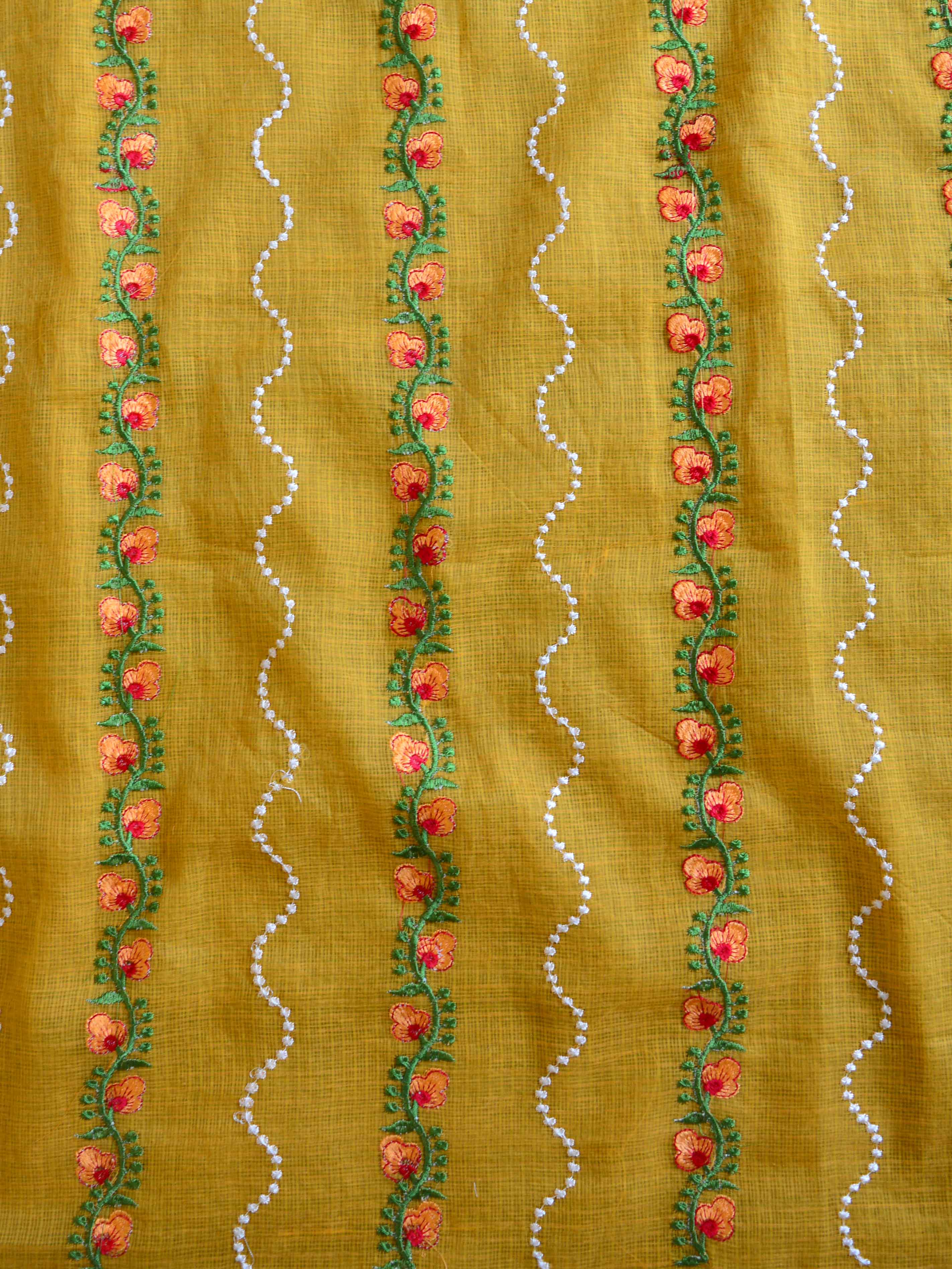 Banarasee Kota Doria Hand-Embroidered Salwar Kameez Dupatta Set-Yellow