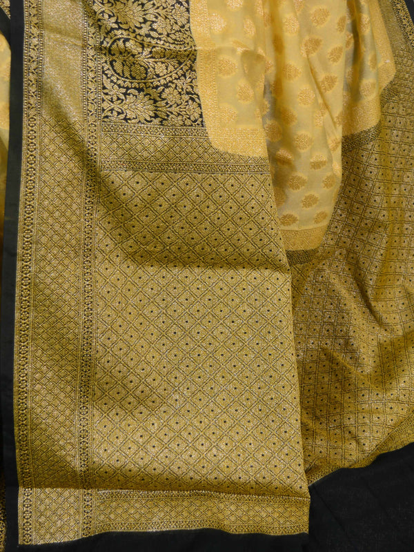 Banarasee Handwoven Semi-Chiffon Saree With Floral Border & Buta-Beige & Black