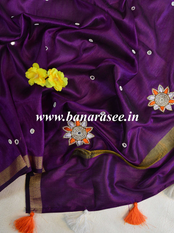 Banarasee Art Silk Dupatta With Mirror Work & Hand-Embroidered Motifs-Violet