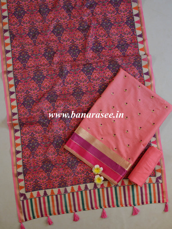 Banarasee Embroidered Chanderi Cotton Salwar Kameez Fabric With Contrast Dupatta-Pink