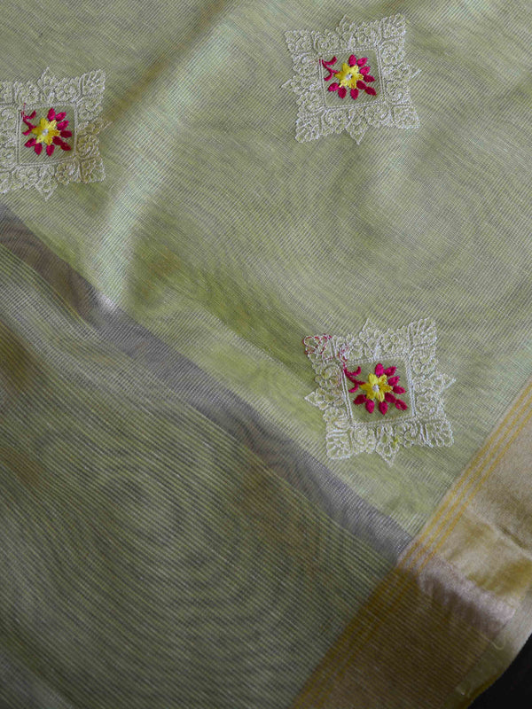 Banarasee Cotton Silk Saree With Embroidered Buta & Zari Border-Green
