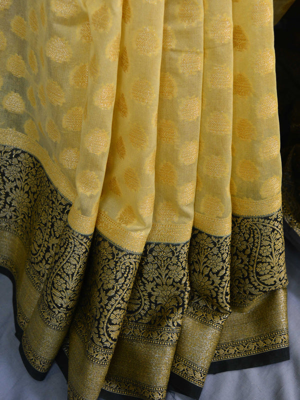 Banarasee Handwoven Semi-Chiffon Saree With Floral Border & Buta-Beige & Black