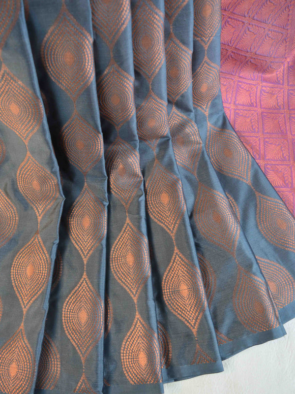 Banarasee Handwoven Semi Silk Copper Zari Open Border Saree-Grey