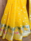 Banarasee Semi-Chiffon Saree With Silver Buti Design & Floral Meena Border-Yellow