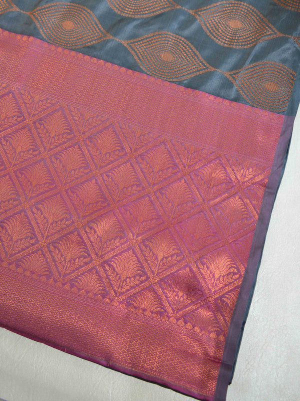 Banarasee Handwoven Semi Silk Copper Zari Open Border Saree-Grey