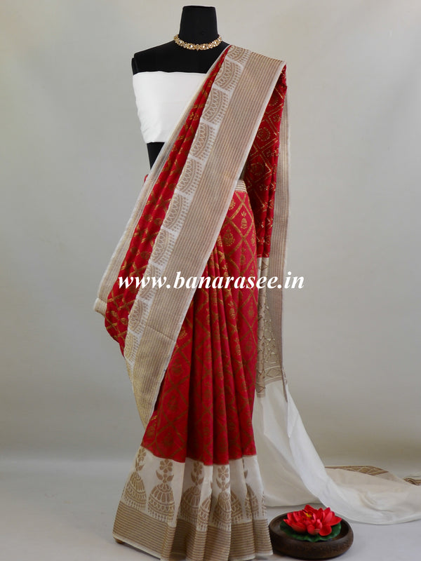 Banarasee Handwoven Semi Silk Saree With Contrast Border-Red & White