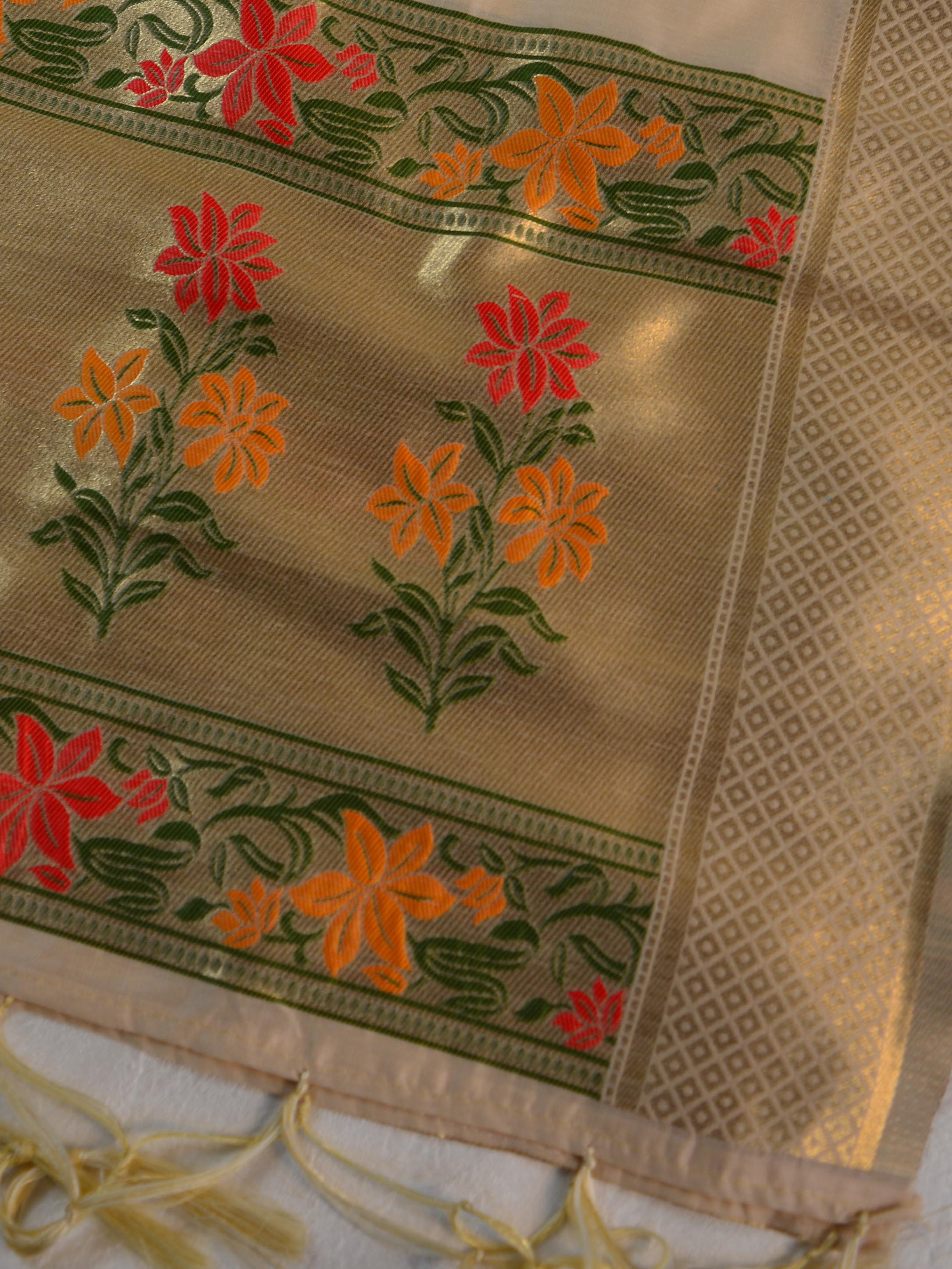 Banarasee Handloom Chanderi Salwar Kameez Fabric With Meena Design-Beige