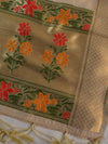 Banarasee Handloom Chanderi Salwar Kameez Fabric With Meena Design-Beige