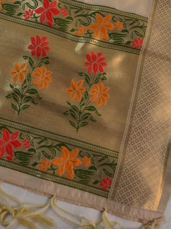 Banarasee Handloom Chanderi Salwar Kameez Fabric With Meena Design-Beige