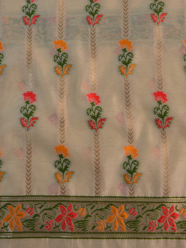 Banarasee Handloom Chanderi Salwar Kameez Fabric With Meena Design-Beige