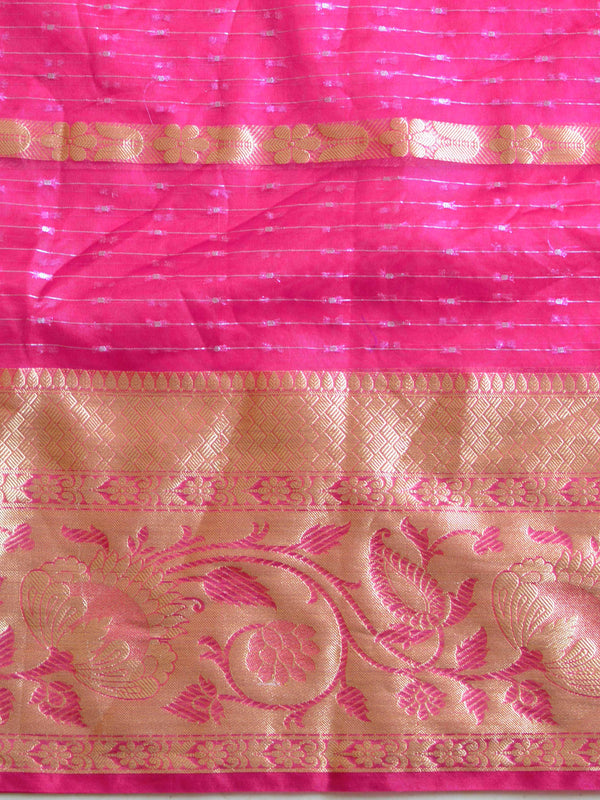 Banarasee Organza Mix Saree With Stripes Design Dual Color & Broad Border-Pink & Orange