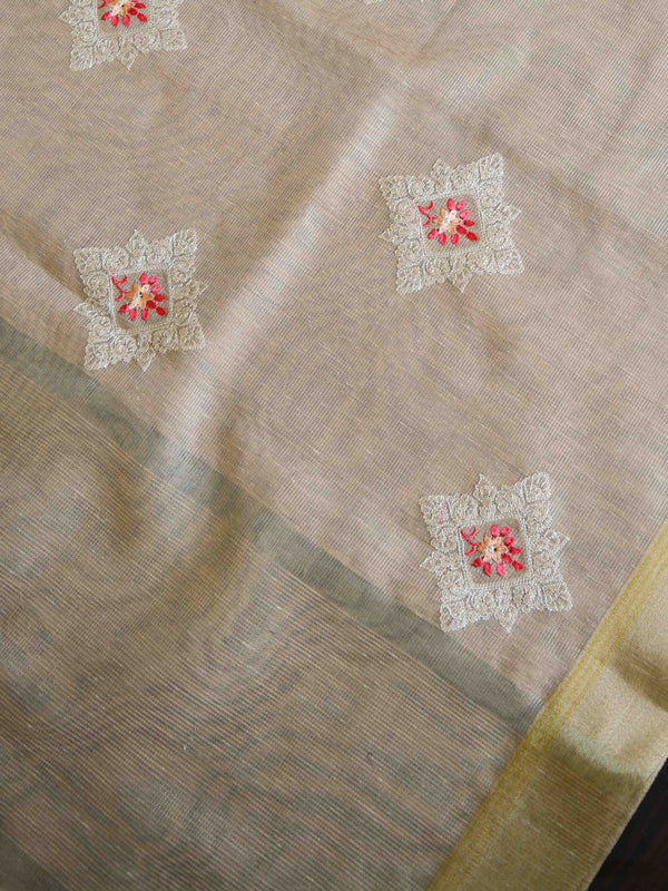 Banarasee Cotton Silk Saree With Embroidered Buta & Zari Border-Peach