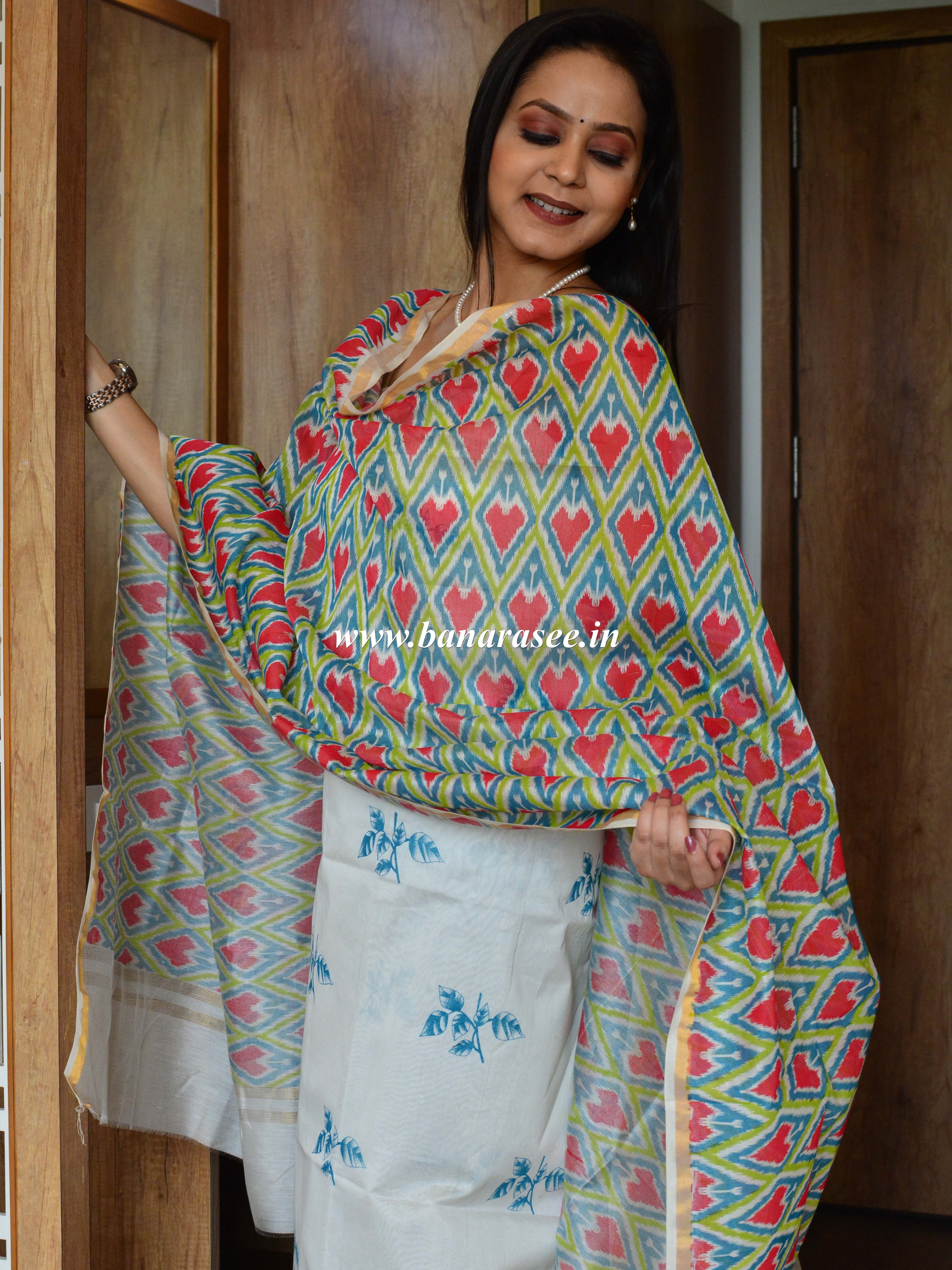 Banarasee Hand-Block Printed Chanderi Salwar Kameez Dupatta Fabric-White