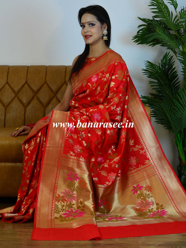 Banarasee Pure Silk Saree With Floral Design-Red