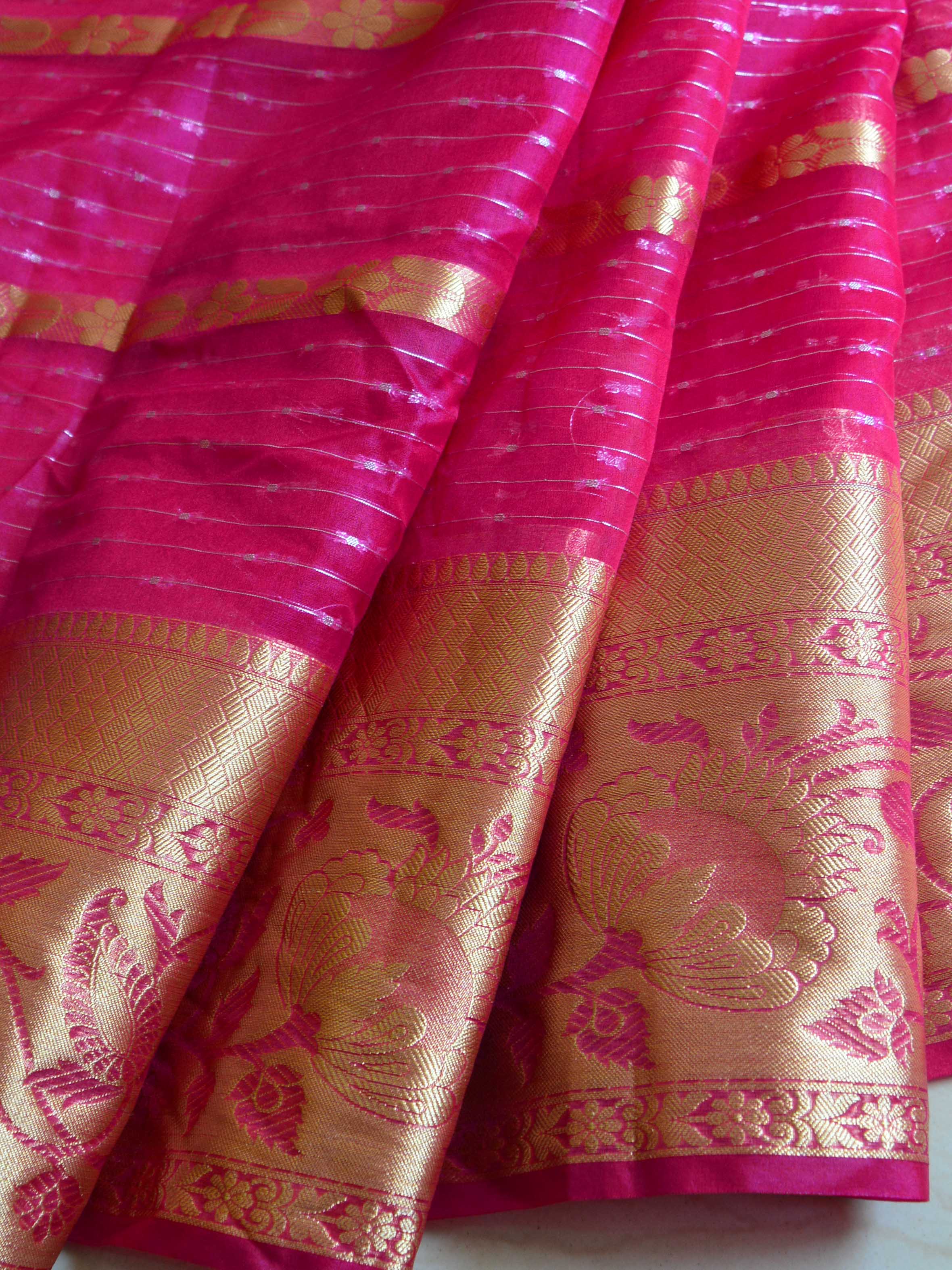 Banarasee Organza Mix Saree With Stripes Design Dual Color & Broad Border-Pink & Orange
