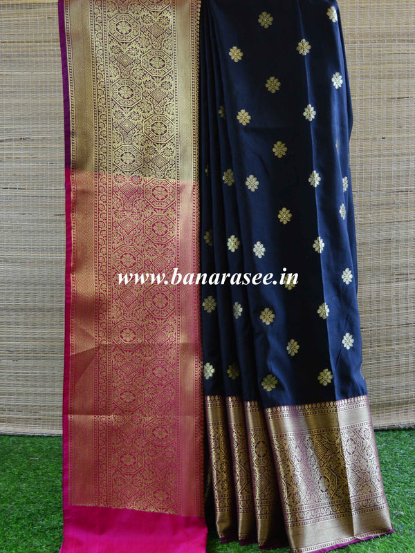 Banarasee Handwoven Semi Silk Saree With Zari Buta Design & Floral Border-Black