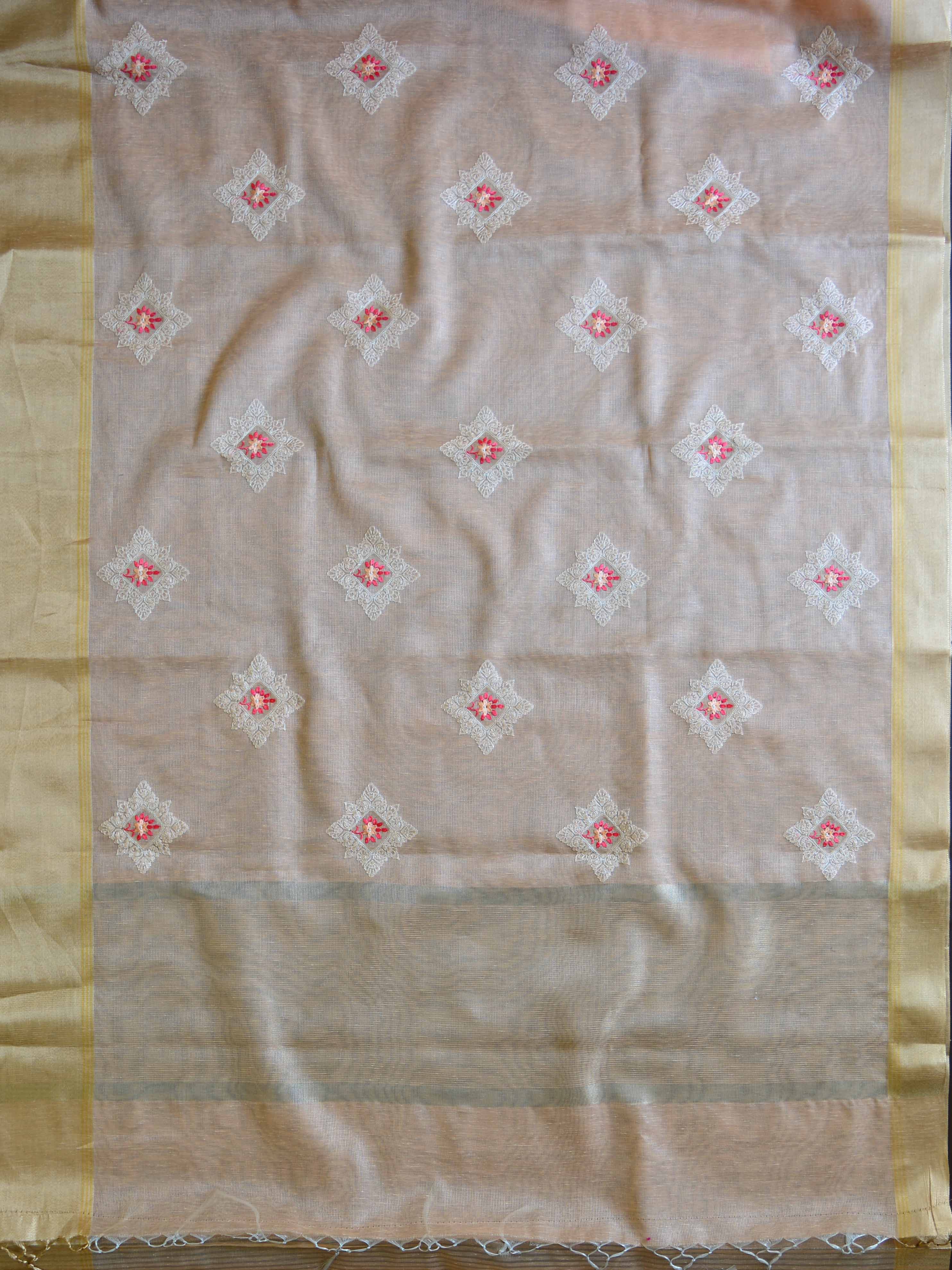 Banarasee Cotton Silk Saree With Embroidered Buta & Zari Border-Peach